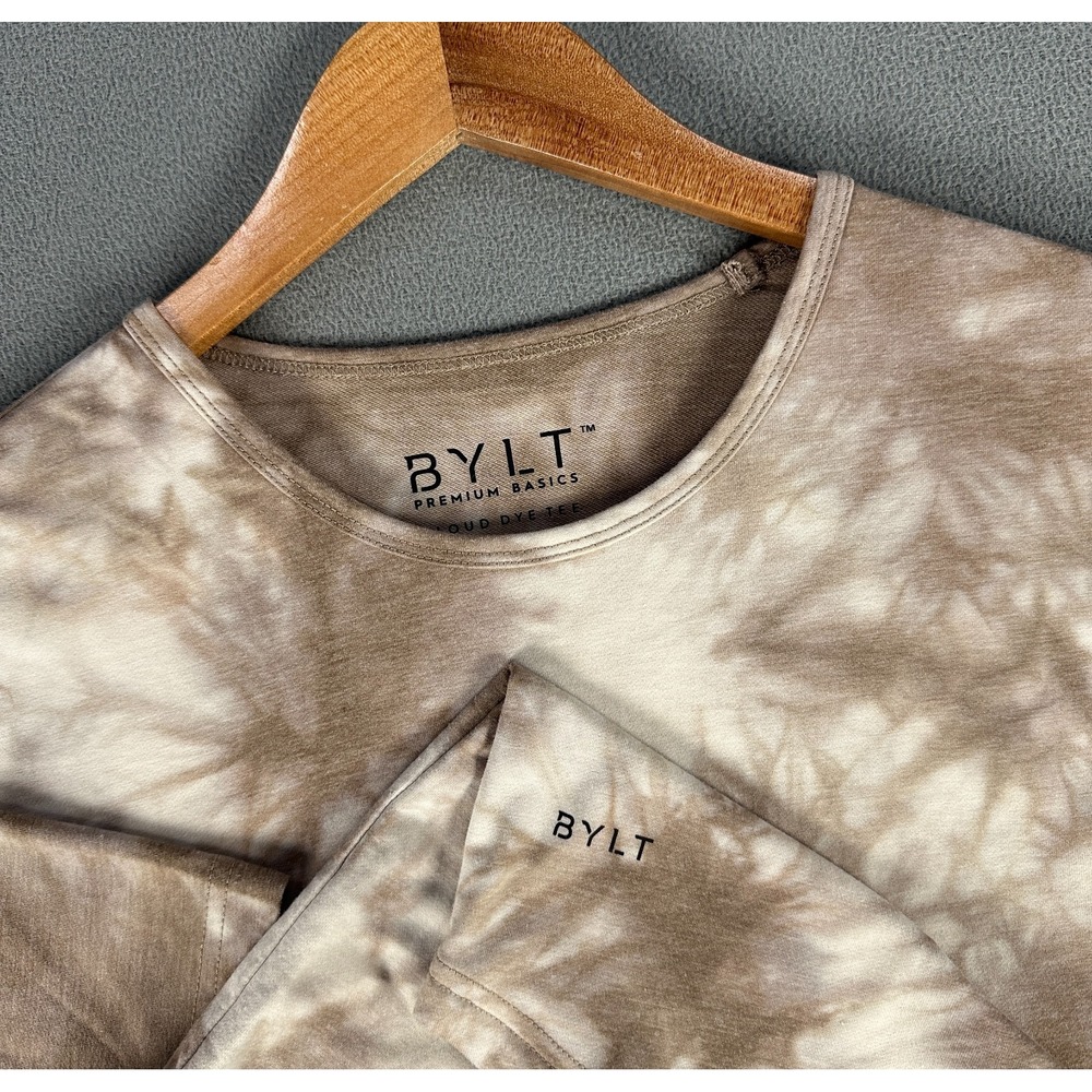 BYLT Shirt XL Beige Brown Cloud Dye Tie Dye Drop Cut Curved Hem Basic Minimalist